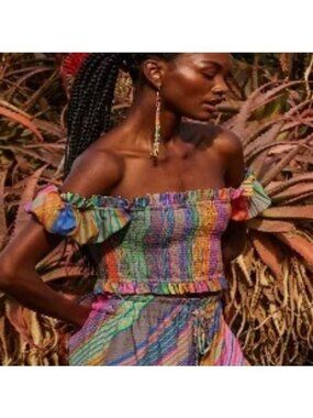 Roopa Pemmaraju Eucalyptus Fiber Striped Off the Shoulder Top S Rainbow Boho